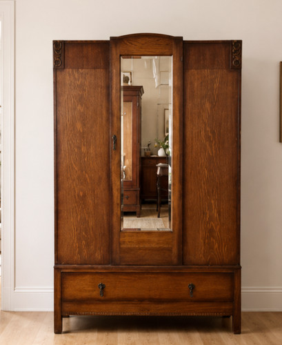 Antique oak mirrored wardrobe - oak,