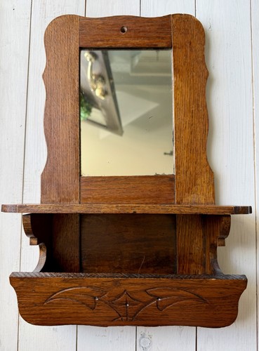 Antique oak wall mirror - mirror, shelf