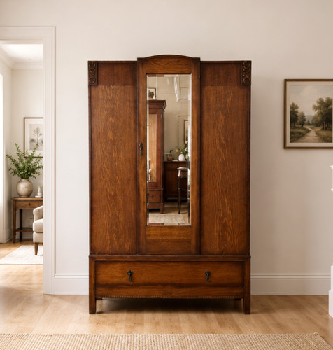 Antique oak mirrored wardrobe - antique,
